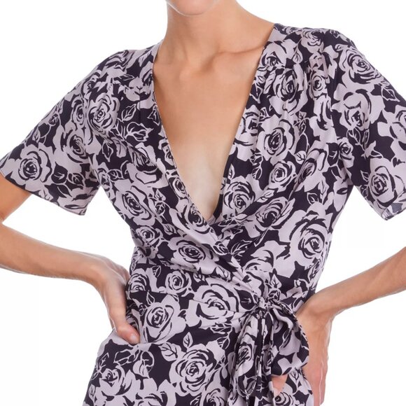 The Kooples Blooming Roses Floral Wrap Dress NWT Size FR 2 US M Black Gray Mini - Picture 2 of 12